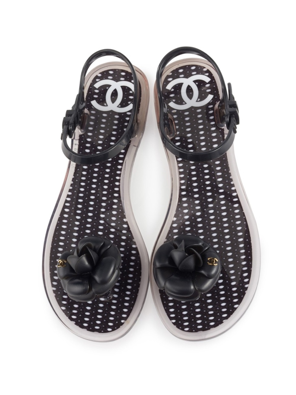 CHANEL CC Black Camellia  Flower Jelly Sandals Flats Size 41 Women’s